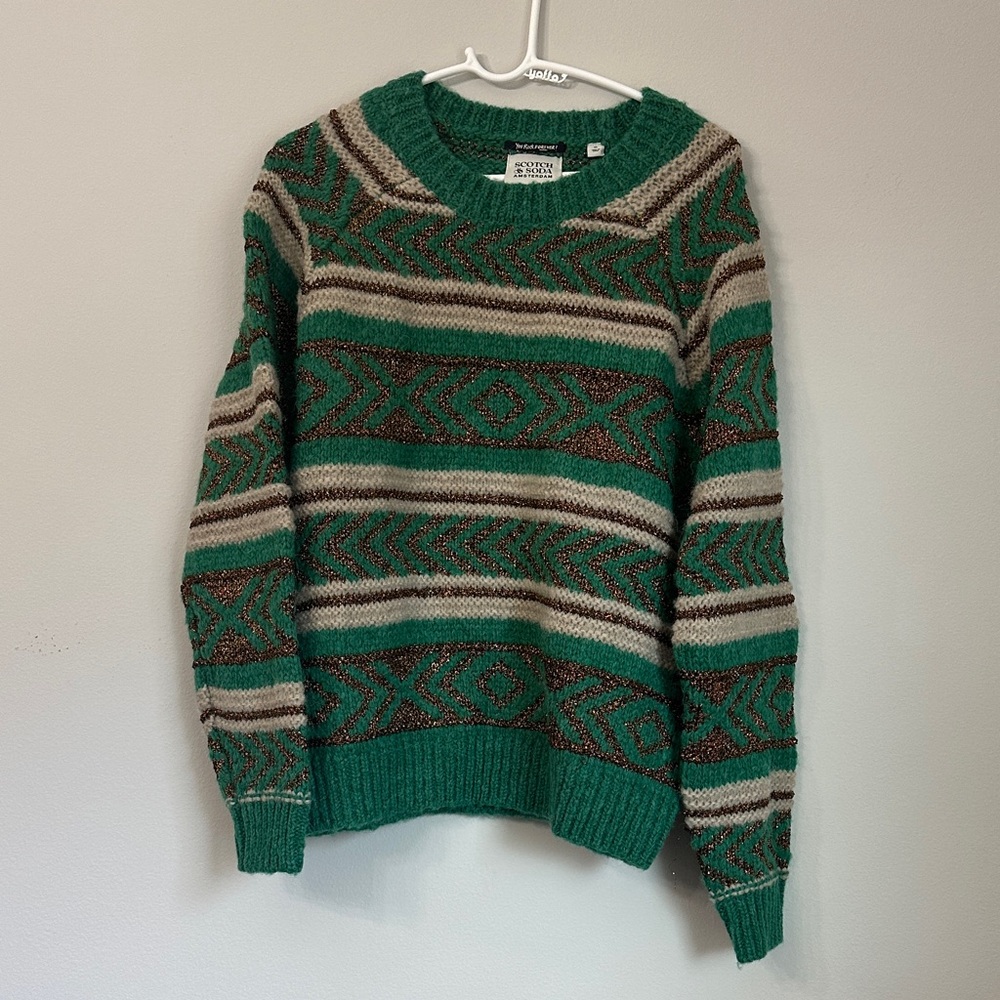 Scotch & Soda Green and Brown Patterned Crewneck Sweater
